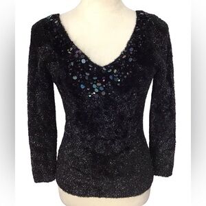 Nicole Miller Black Fuzzy Sequin V Neck Sweater